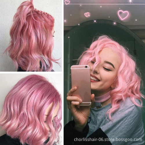 Wholesale Machine Made Water Wave Pink Wig With Bangs Cheap Cosplay Pixie Curls Short Bob Synthetic Hair Wigs With Highlights